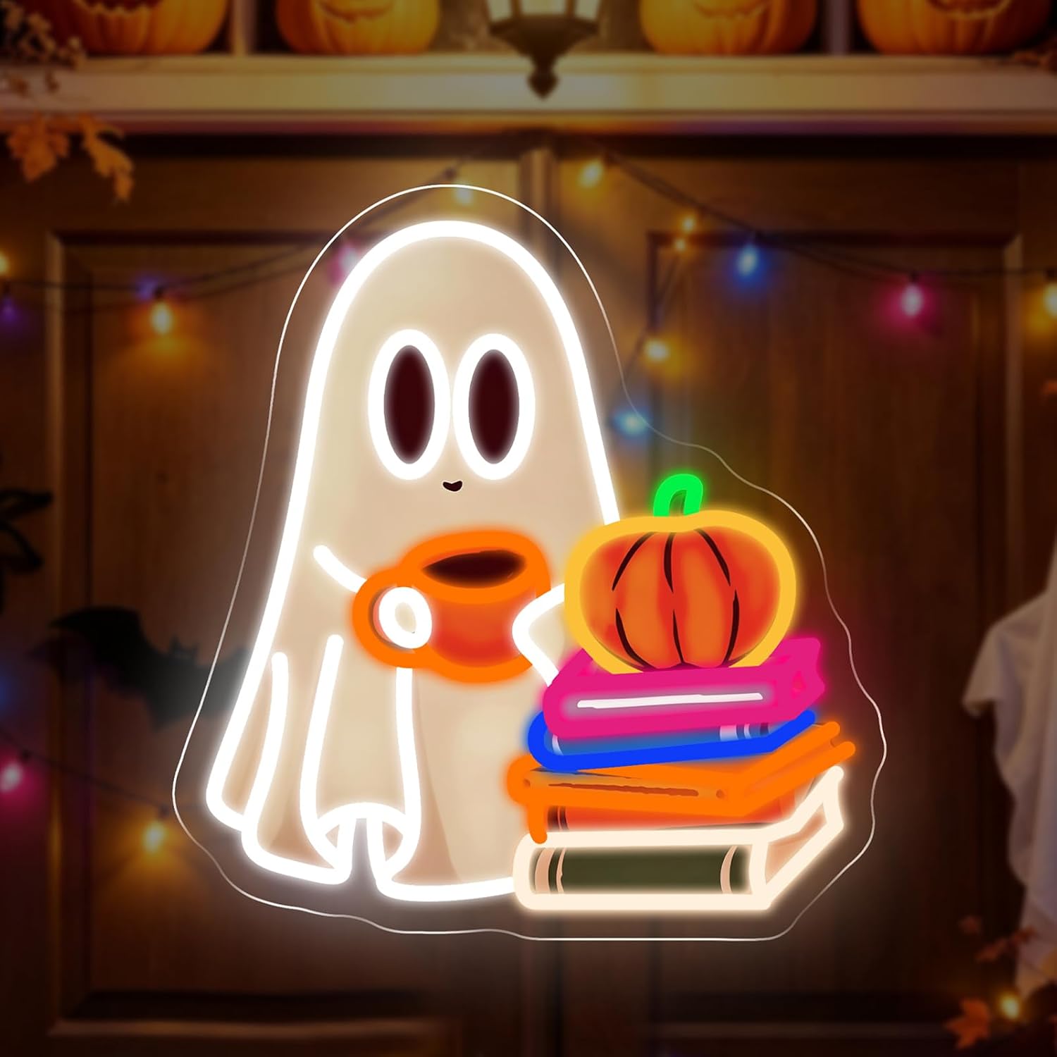 Neon Sign Party - Niedliches Geister-Buch-Lesen-Neonschild, LED-Halloween-Geister-Neonlicht, USB-Wandlampe für Schlafzimmer,