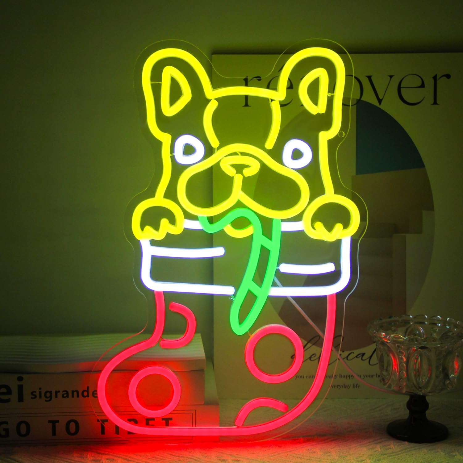 Neon Sign Party - Französische Bulldogge Weihnachtsstrumpf Neon-Schild LED-Neonlicht USB-betriebene